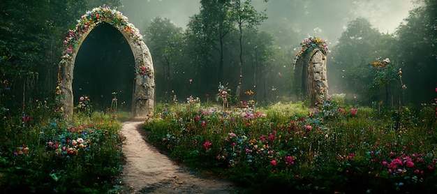 Spectacular archway in fantasy forest Digital art 3D illustration