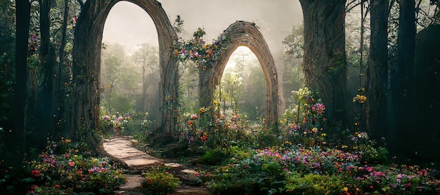 Spectacular archway in fantasy forest Digital art 3D illustration