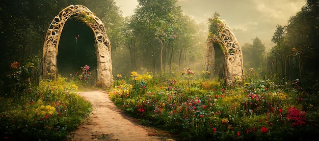 Spectacular archway in fantasy forest Digital art 3D illustration