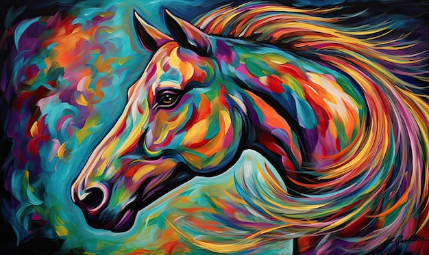 Spectacular artwork created by a colorful painting horse Creating using generative AI tools