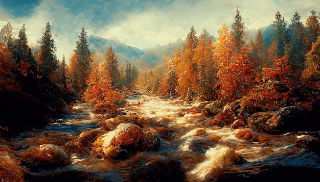 Spectacular autumn forest mountain and creek scene Digital art 3D illustration