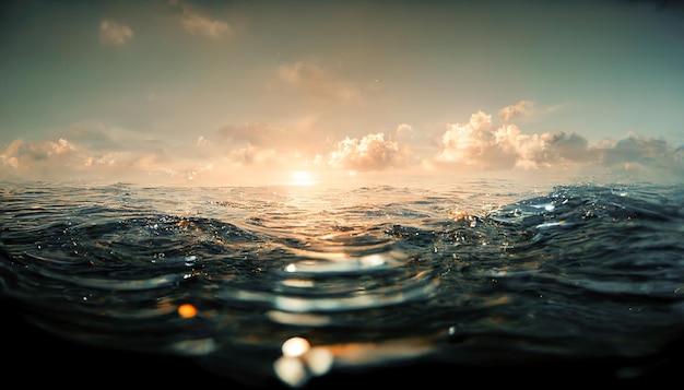 Spectacular calm ocean sunrise reflecting in water Digital art 3D illustration