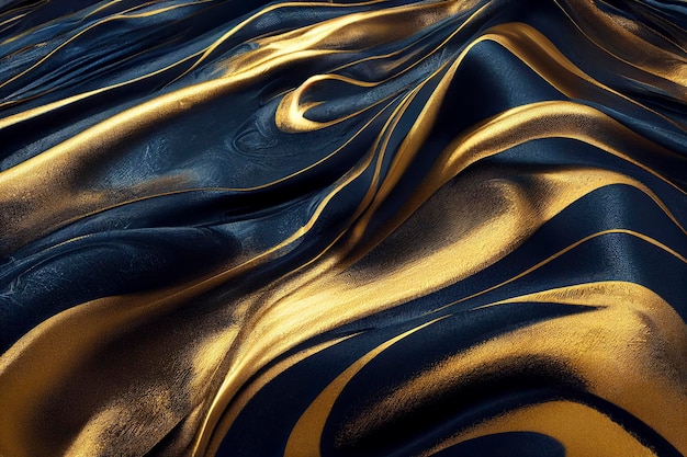 Spectacular classy background of a silky smooth dark blue fabric with a pattern of golden texture Beautiful works of realistic abstract art Digital art 3D illustration