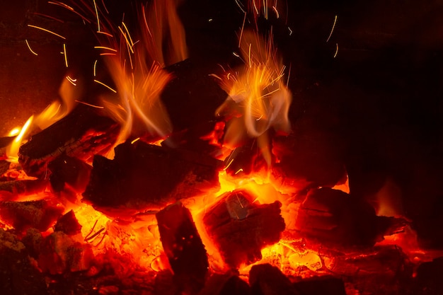 Spectacular closeup of embers burning on bonfire