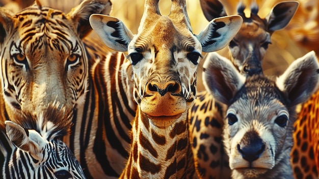 Spectacular Closeup of a group cute animals looking straight at the camera with smiling expressions