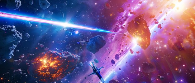 Spectacular cosmic scene with vivid colors of galaxies asteroids and spaceships engaged in a dramatic space battle with lasers