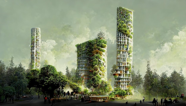 Spectacular digital art 3D illustration eco futuristic city abundant in trees