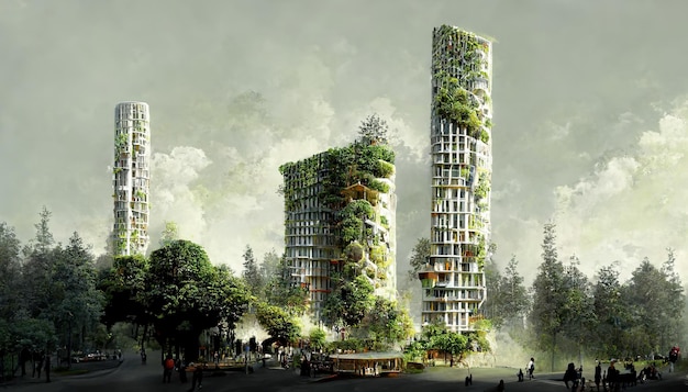 Spectacular digital art 3D illustration eco futuristic city abundant in trees