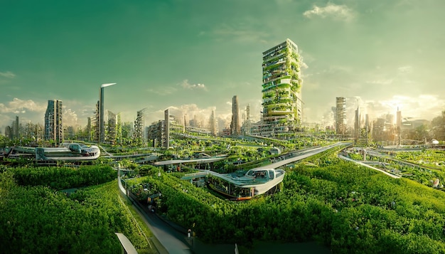 Spectacular digital art 3D illustration eco futuristic city abundant in trees