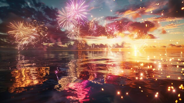 Spectacular display of fireworks in the sky illuminating a tranquil ocean with reflections