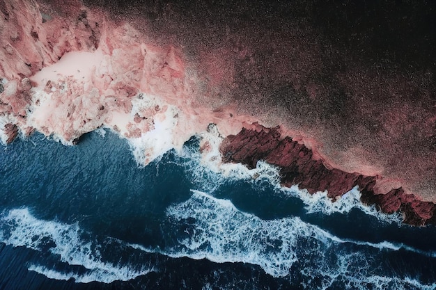 Spectacular drone photo top view of seascape ocean wave crashing rocky cliff