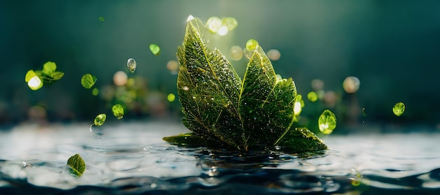 Spectacular fantasy green leave floating on water Digital 3D illustration