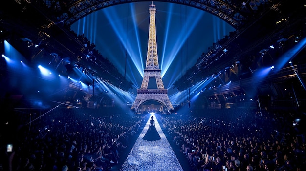 Photo spectacular fashion show with eiffel tower centerpiece vibrant blue lights illuminate the runway highprofile event with a futuristic style stunning visual elements captivate the audience ai