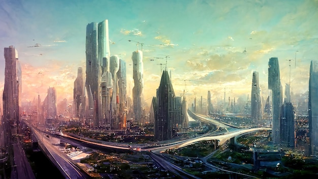 Spectacular futuristic cityscape flying vehicles Digital art 3D illustration