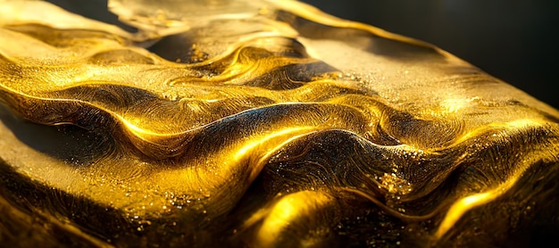 Spectacular glistening gold solid liquid waves abstract Digital 3D illustration