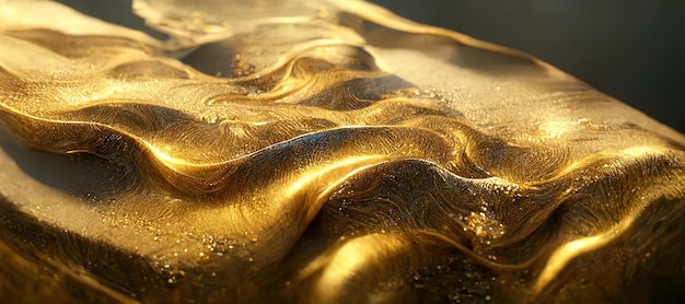 Spectacular glistening gold solid liquid waves abstract Digital 3D illustration