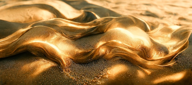 Spectacular glistening gold solid liquid waves abstract Digital 3D illustration