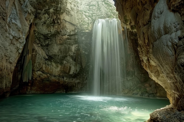 Spectacular highquality photo of a majestic waterfall inside a cave with an underground river