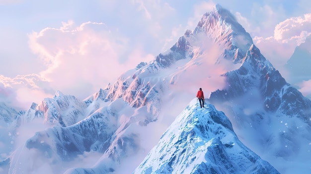 Spectacular Hiker in winter snowy mountains