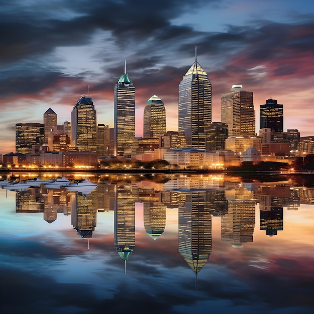 Spectacular Illuminated CT City Skyline Reflecting on Calm Waters During Evening Time