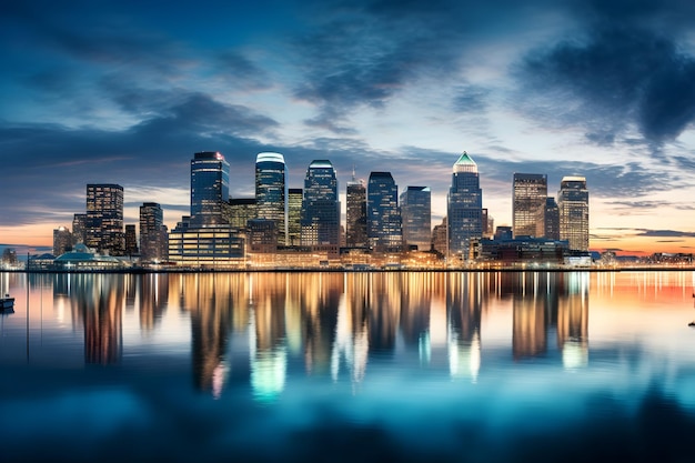 Spectacular Illuminated CT City Skyline Reflecting on Calm Waters During Evening Time