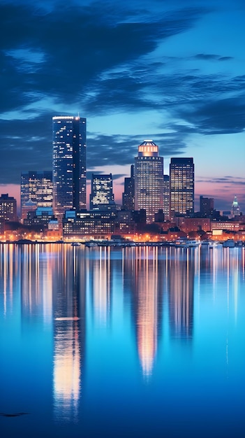 Spectacular Illuminated CT City Skyline Reflecting on Calm Waters During Evening Time