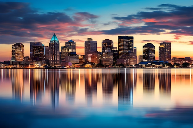 Spectacular Illuminated CT City Skyline Reflecting on Calm Waters During Evening Time