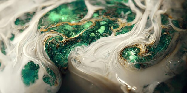 Spectacular image of green and white liquid ink churning together with a realistic texture and great quality for abstract concept Digital art 3D illustration