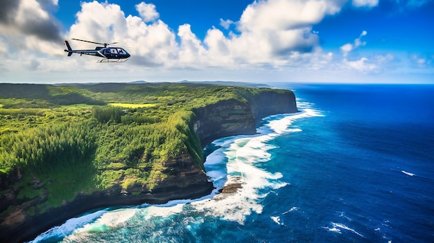 A spectacular image of a highend helicopter tour offering a thrilling and unique perspective of a scenic coastline