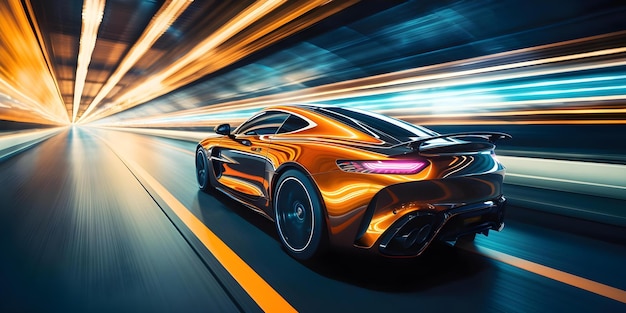 Spectacular Image of Sports Car Passing Parked Car in Tunnel Concept Automotive Photography Dynamic Composition Urban Environment Transportation Action Shot