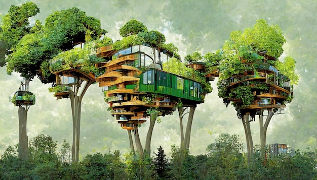 Spectacular image of sustainable tree house Digital art 3D illustration