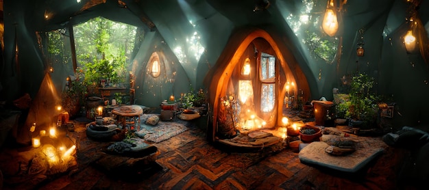 Spectacular interior of a fantasy medieval cottage Digital art 3D illustration