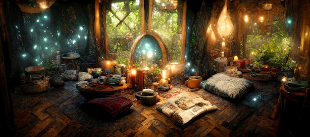 Spectacular interior of a fantasy medieval cottage Digital art 3D illustration