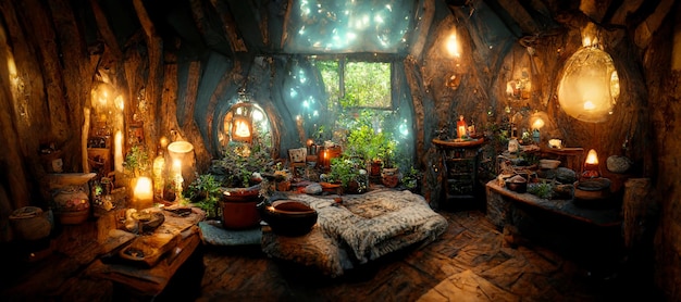 Spectacular interior of a fantasy medieval cottage Digital art 3D illustration