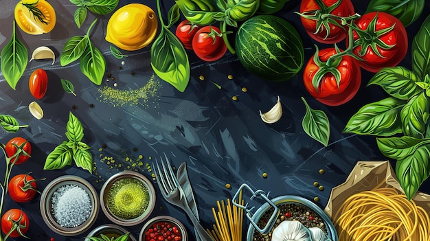 Spectacular Italian food ingredients on slate background