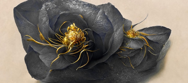 Spectacular modern abstract black flower with golden pollen artwork on isolated background Digital art 3D illustration