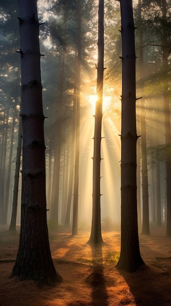 Spectacular morning sunlight rays in the forestduring a beautiful warm day generative AI