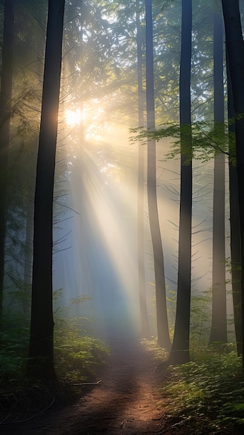 Spectacular morning sunlight rays in the forestduring a beautiful warm day generative AI