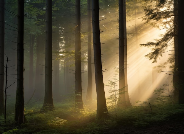 Spectacular morning sunlight rays in the forestduring a beautiful warm day generative AI