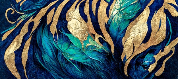 Spectacular pattern of teal and gold fur like liquid digital art 3D illustration