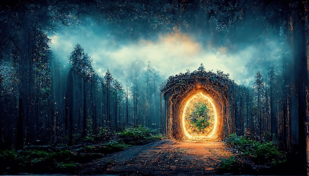 Spectacular portal archway in fantasy forest Digital art 3D illustration