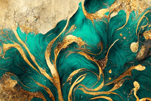 Spectacular realistic abstract backdrop of a whirlpool of teal and gold Digital art 3D illustration Mable with liquid texture like turbulent waves background