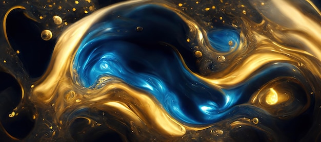 Spectacular scene of blue and gold ink move around Digital art 3D illustration