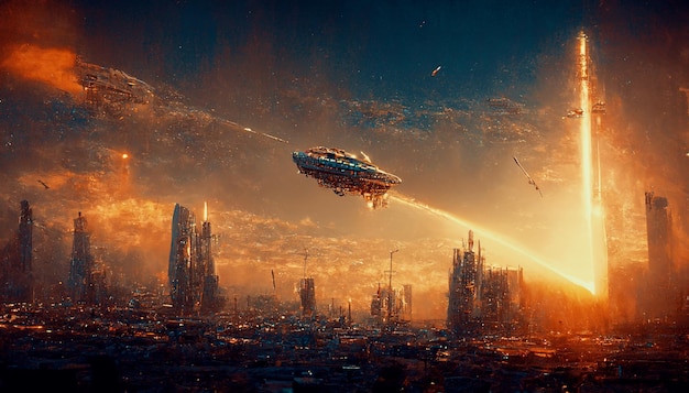 Spectacular scene of futuristic city with spaceship Digital art 3D illustration