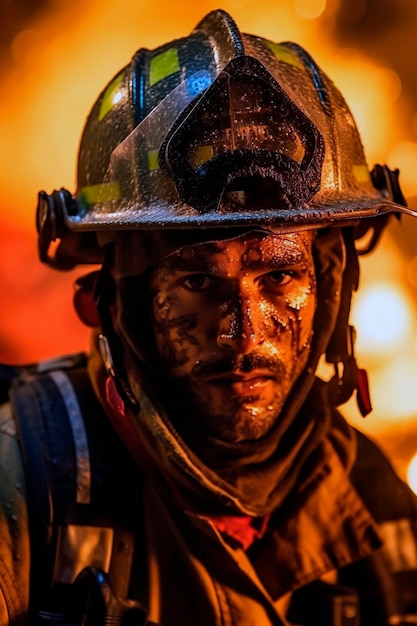 Spectacular shot of firefighter coming out of the fire