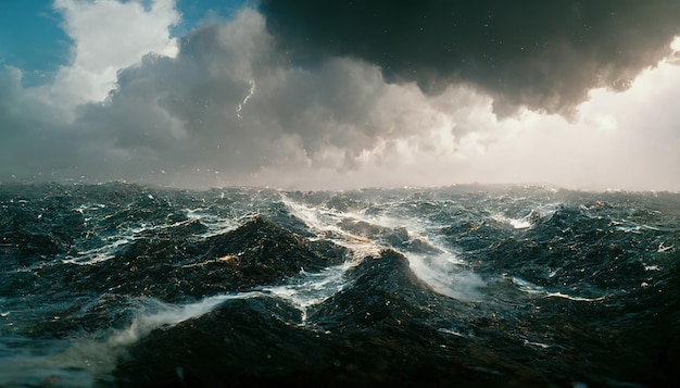 Spectacular stormy ocean with rough wave Digital art 3D illustration