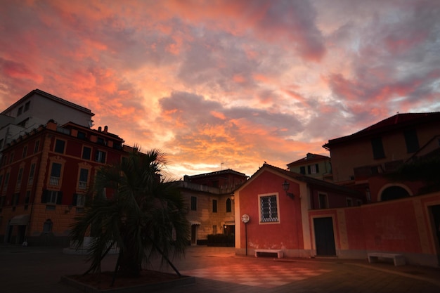 Spectacular sunrise on the streets of Sestri Levante in Liguria