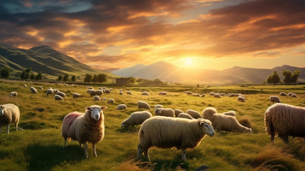 Spectacular Sunset Scene Sheep Grazing In Vibrant Grassy Field