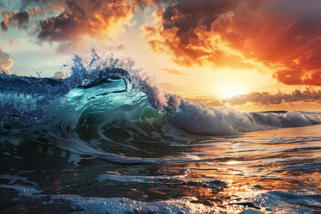 Spectacular sunset scene with majestic ocean wave crashing on the colorful beach