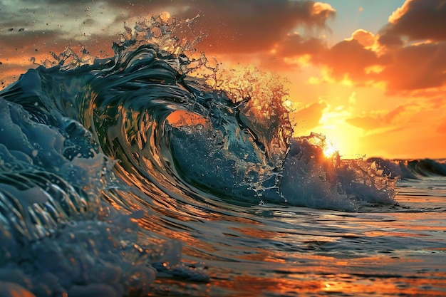 Spectacular sunset scene with majestic ocean wave crashing on the colorful beach